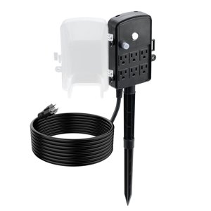 KFFKFF Outdoor Power Stake with 15 FT Cord Weather-Resistant Power Strip with Cover and Overload Protection 6 Outlets 15A/1875W Capacity Waterproof Yard Stake for Holiday Lighting