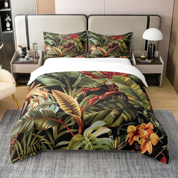 Erosebridal 100% Natural Cotton Palm Leaf Bedding Set King Size Banana Leaf Duvet Cover Tropical Plant Comforter Cover Spring Green Hawaiian Bed Set With 2 Pillowcases,Soft Warm Bedroom Decor