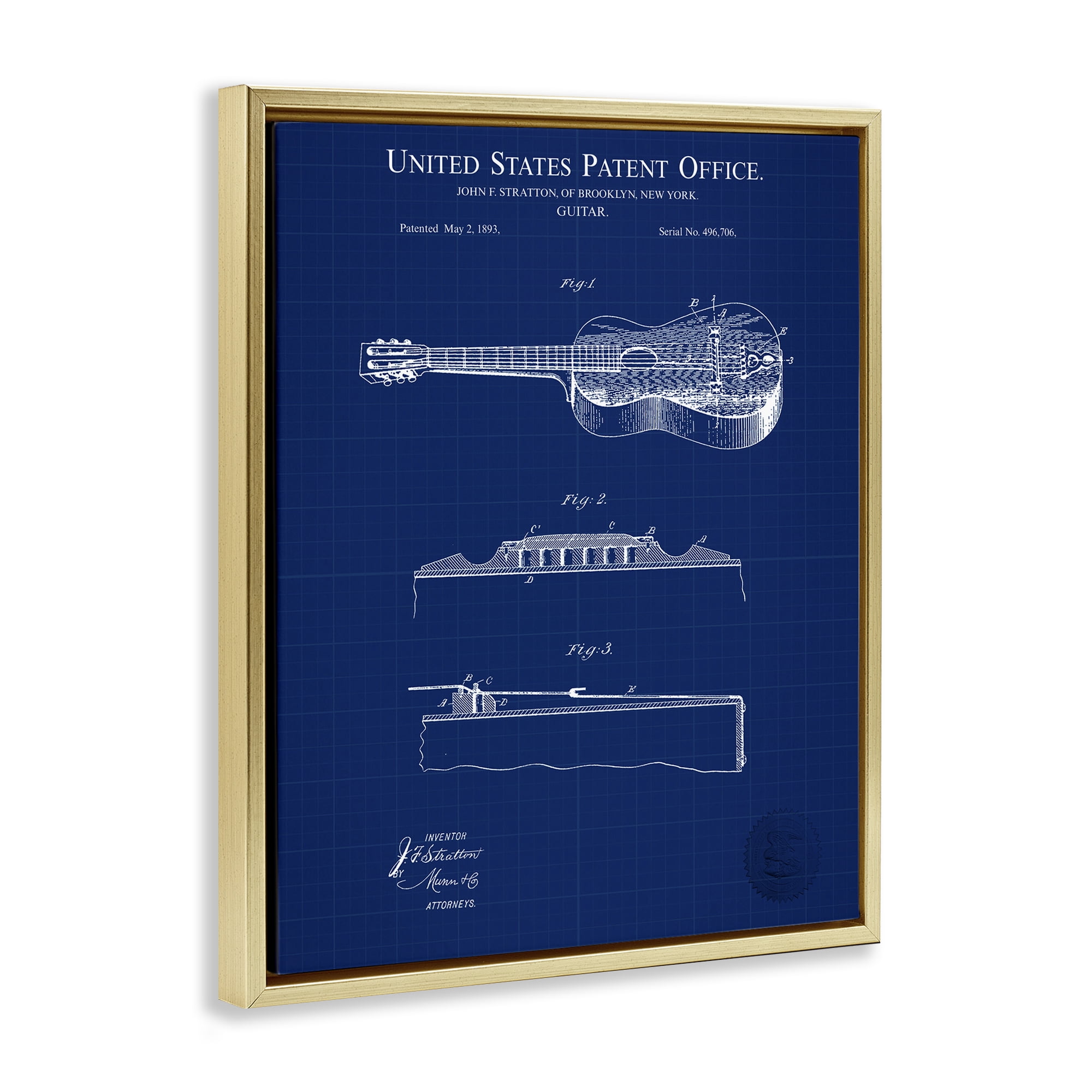 Stupell Industries Acoustic Guitar Blueprint Performing Arts Painting Gold Floater Framed Art Print Wall Art, 25 x 31
