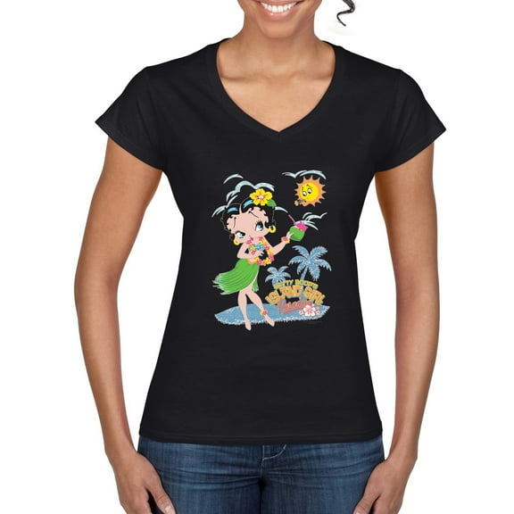 Wild Bobby Betty Boop Island Girl Paradise Betty Boop Women’s Standard V-Neck Tee, Black, Small