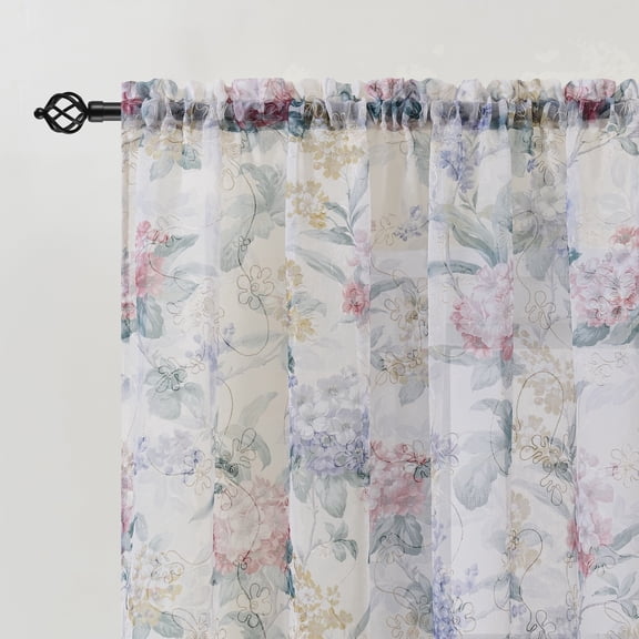 Muuphra Elegant Red Purple Embroidered Print Floral Rod Pocket Semi Sheer Curtains for Bedroom Living Room,2 Panels,52"×63"