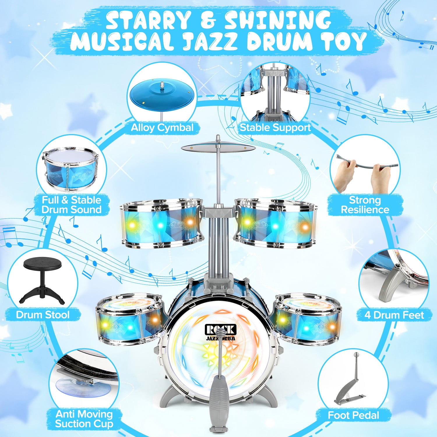 Carsky Kids Rock Drum Kit for Toddlers, Upgraded Induction Light Jazz Drum Set w/ Stool, Educational Music Beginner Instrument Toy for Boys & Girls Age 3 4 5 6