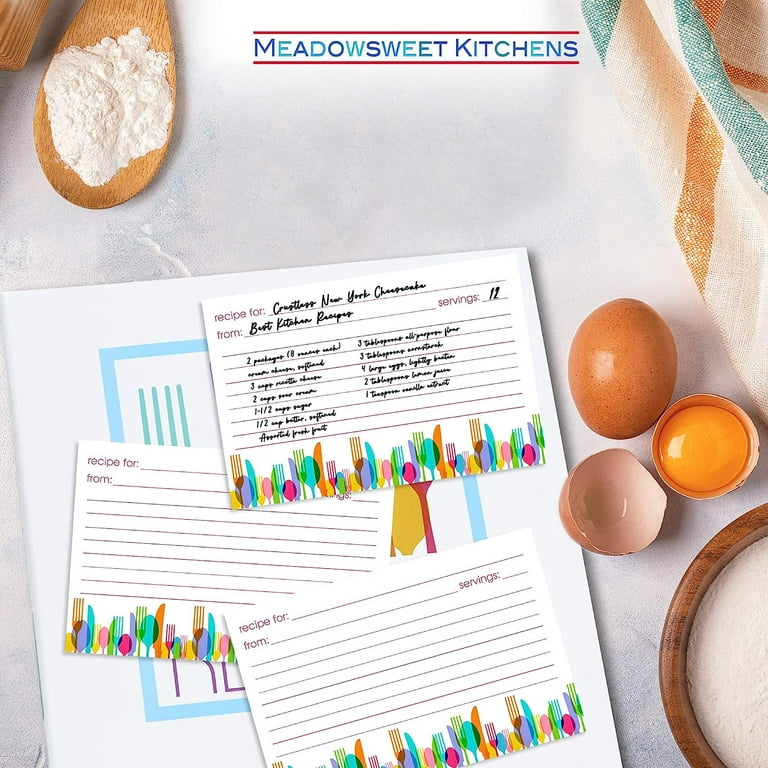Meadowsweet Kitchens Recipe Card Set - 25 Double Sided Recipe Cards 4 x 6  Inch, Perfect Size Blank Cards for a Recipe Card Box, Make Your Own