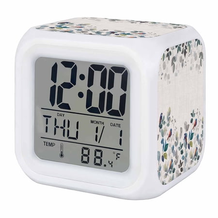 Alarm Clocks Bird Digital Clock 7 Color LED Night Light Silent Non-Ticking Battery Operated Ombre Blue Leaves Branch Beige Cube Clocks Decorative for Bedroom Bedside Living Room Office School Decor