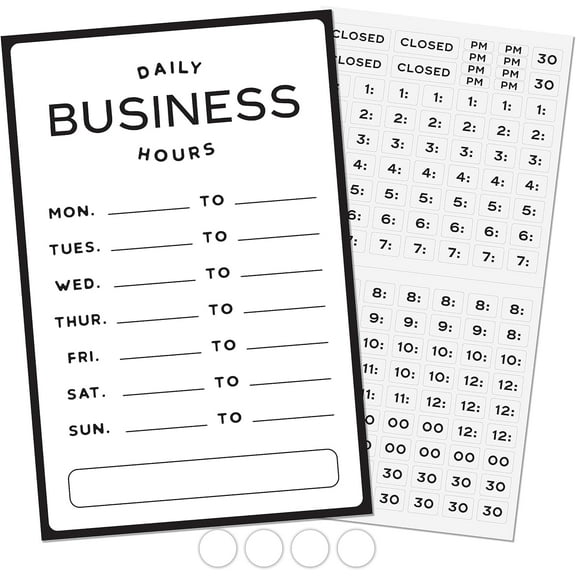 Business Hours Sign | Modern Store Open Hours of Operation Sign for Glass Door with Changeable Hours Stickers and Adhesive Dots for Adjustable Sign Placement, 7.5" x 11.4"