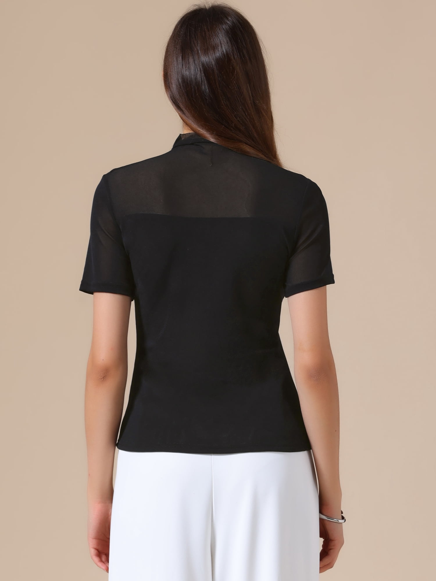 DARING DIVA Women's Mock Turtle Neck Short Sleeve Top Sheer Mesh Shirts XL Black