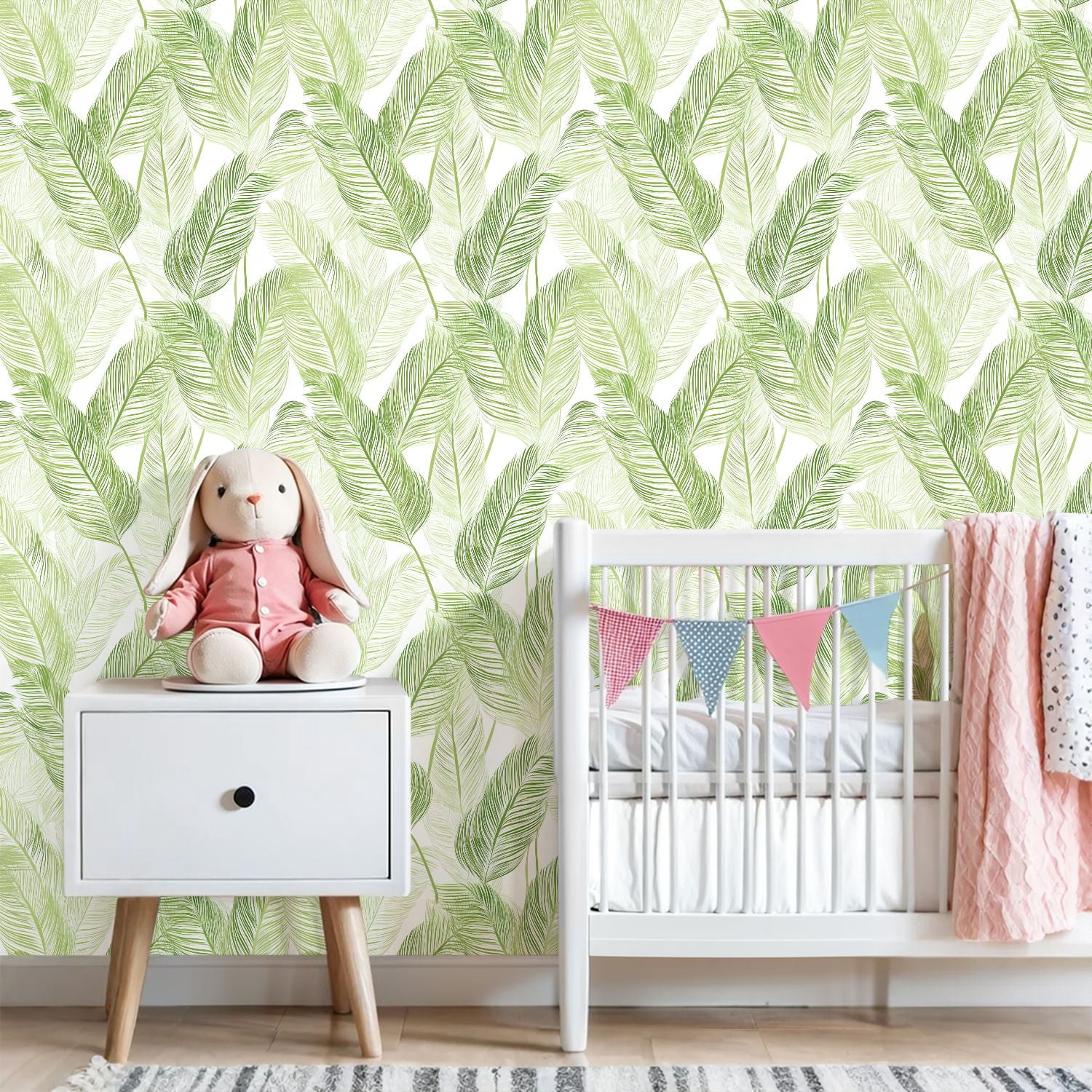 Sage Green Peel and Stick Wallpaper Tropical Green Leaf Delicate Line Wall Mural 23.6in x 9.8ft Self Adhesive Removable Wall Paper Renter Friendly Wallpaper for Girls Bedroom