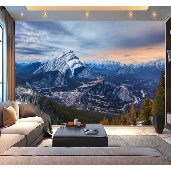 Peel and Stick Wallpaper Town Banff winter dusk Sky colorful rosy clouds Canadian Modern Art Wall Mural Decor Self Adhesive and Removable 100in x 144in