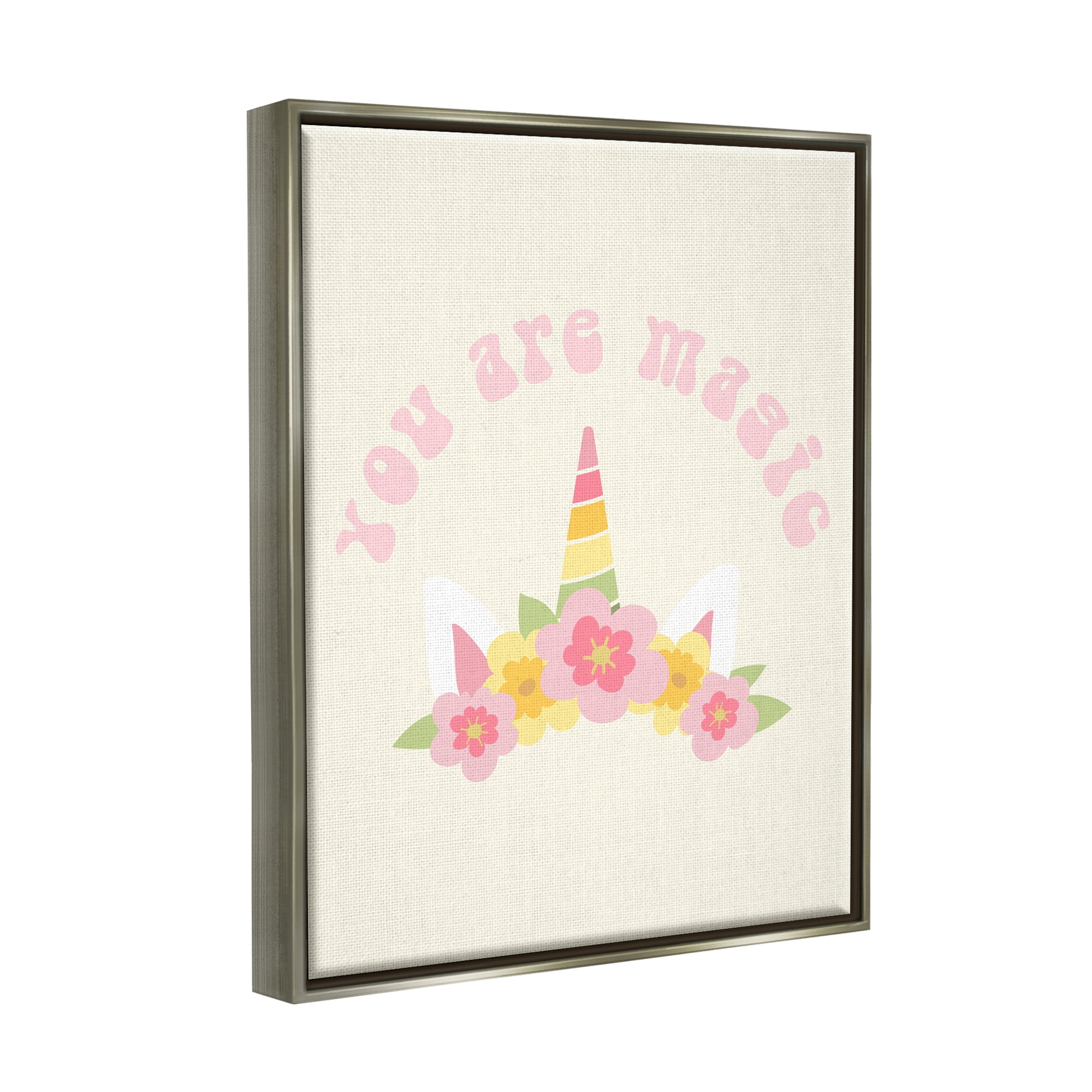 Stupell Industries Retro Magic Unicorn Phrase Fairy Tales & Fantasy Painting Gray Floater Framed Canvas Art Print Wall Art, 17 x 21