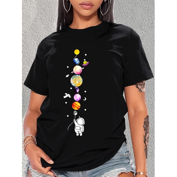 Camiseta Para Mujer De Verano Para Uso Diario, Viajes, DesplazamientosSpaceman Universe Print Causal Sports T-shirt, Short Sleeves Crew Neck Fashion Workout Tops, Women's Activewear graphicFather's