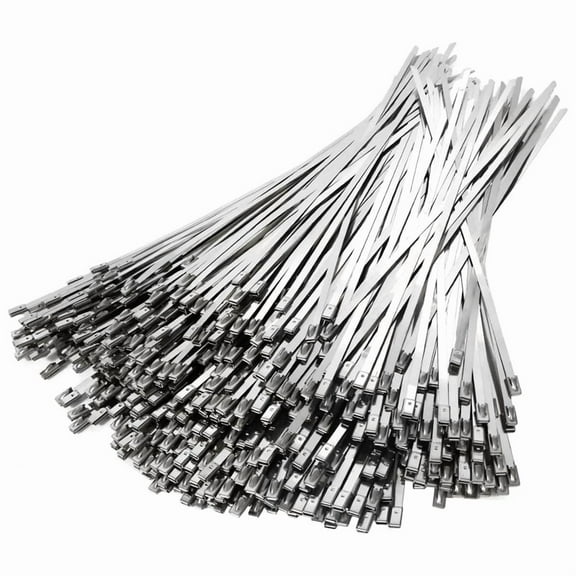 Heavy-duty metal cable ties, 100/300 packs, heat-resistant, UV-resistant, self-locking, suitable for exhaust wrapping, marine, and outdoor applications - 0.19x12 inches