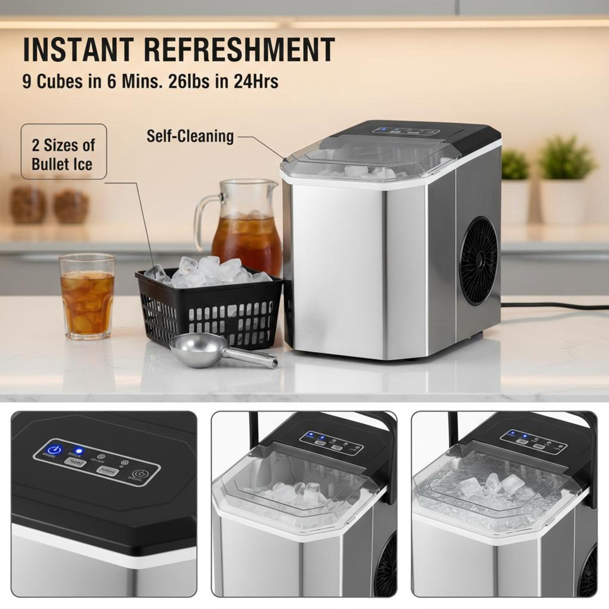 Countertop Bullet Ice Maker, 26 lbs/24H Portable Ice Machine, 9 Cubes Ready in 6 Mins, 2 Ice Sizes, Self-Cleaning Ice Maker with Scoop & Basket, Quiet ≤42dB for Home Kitchen Office Bar Party