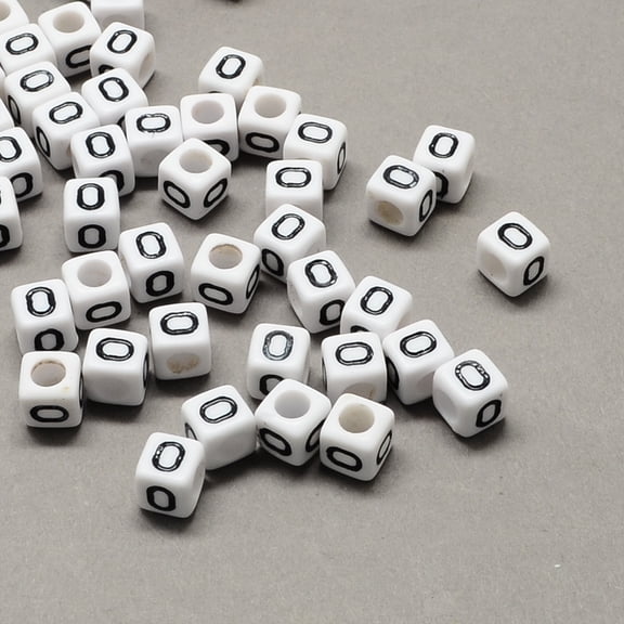 200pcs Large Hole Acrylic Letter European Beads Horizontal Hole White & Black Cube with Letter.O 6x6x6mm Hole: 4mm