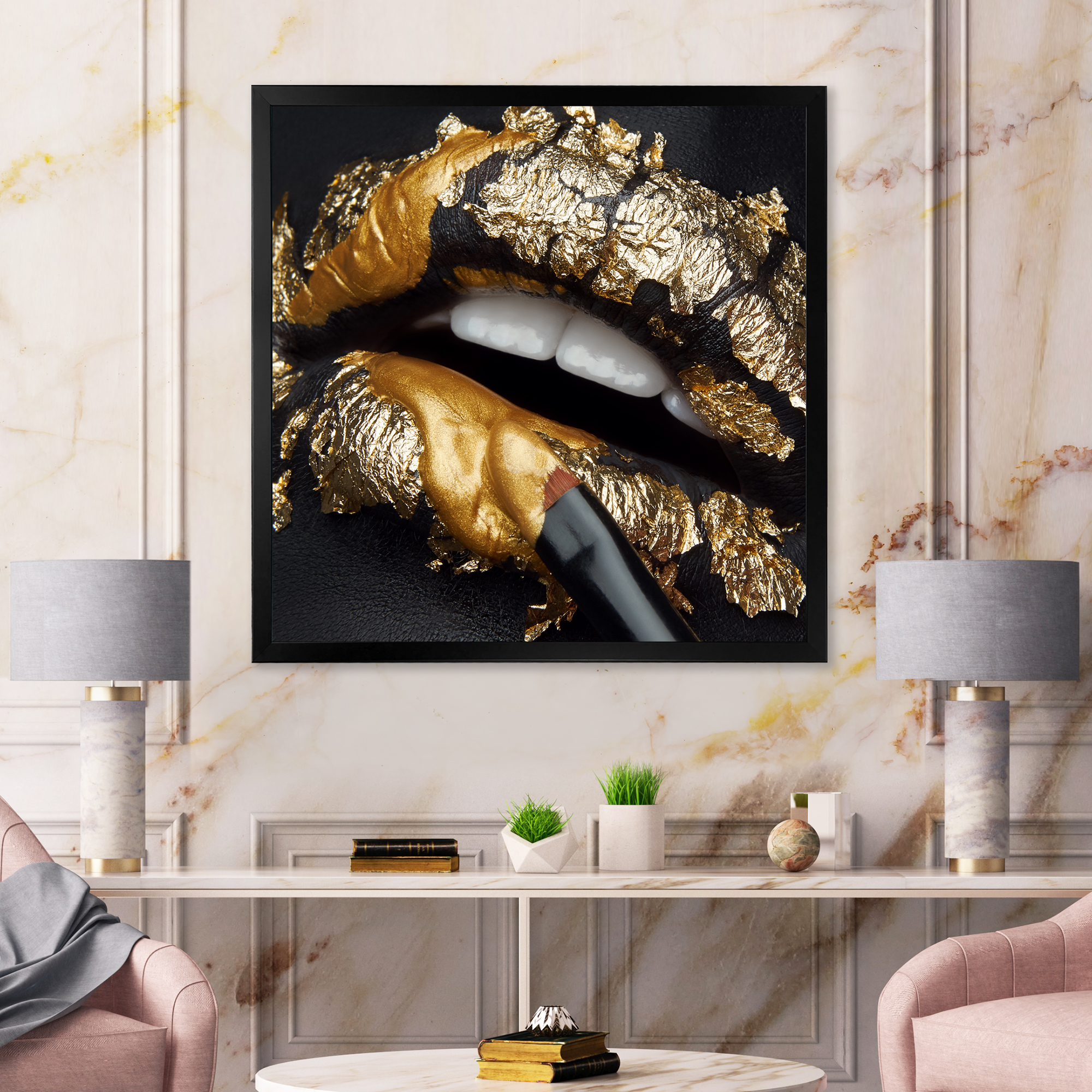 Designart 'Female Lips With Black Leather and Gold Foil' Modern Framed Art Print