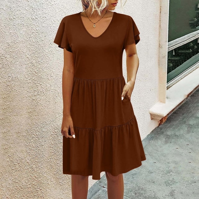 Fankiway Robe Décontractée Ample pour Femmes Robe de Plage Col en V avec Poches Robe d'Été Manches Courtes Robes pour Femmes Grande Taille Liquidation Robes d'Été pour Femmes Manches Courtes