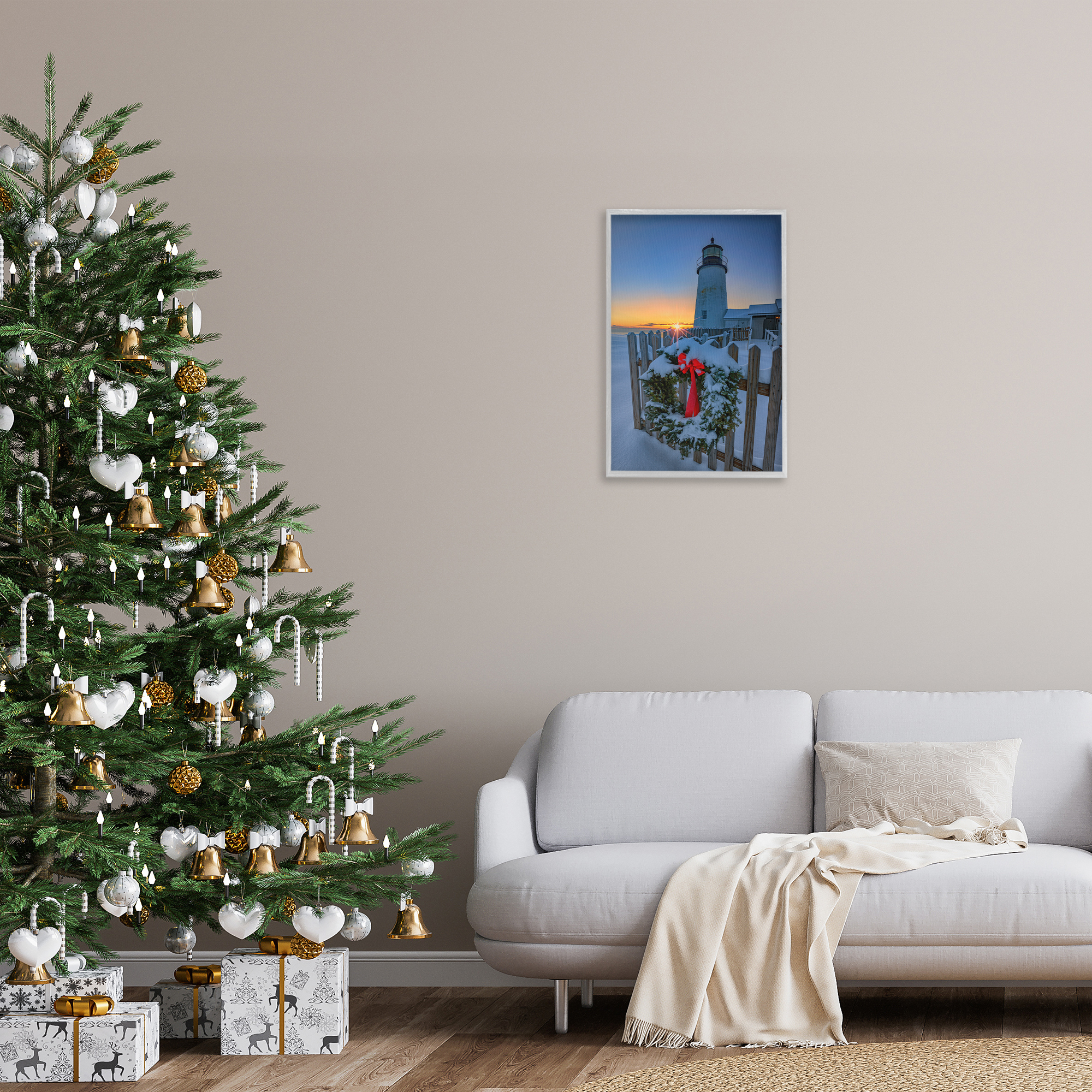 Stupell Industries Christmas Beach Lifehouse Holiday Painting Gray Framed Art Prints Wall Art, 16 x 24