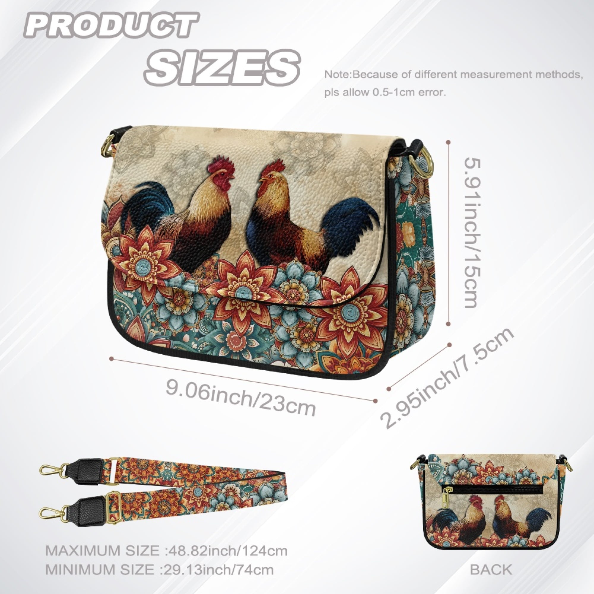 TSOVTHRID Rooster Boho Mandala Floral Print Crossbody Bags for Women, PU Leather Cell Phone Purse, Cross Body Handbags Shoulder Bag with Adjustable Strap
