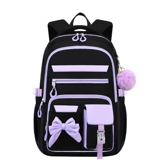 AHMOMEI 3PCS Cute Bow Backpack Set, Aesthetic Casual Daypack with Lunch Bag & Pencil Pouch, Large Capacity Lightweight Travel Rucksack Black