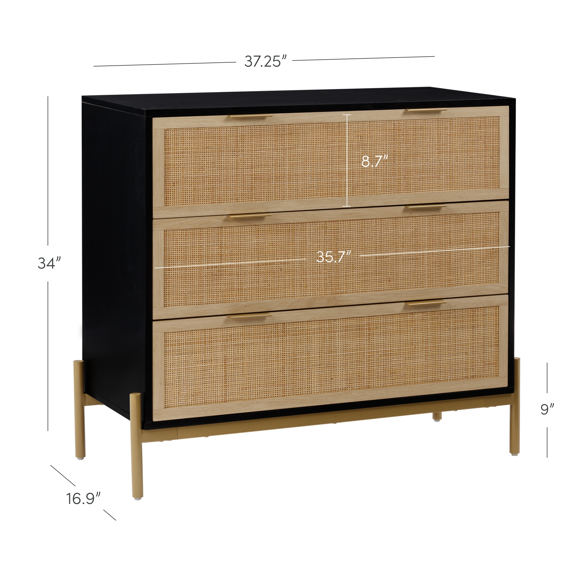 Nathan James Andrew 3-Drawer Chest Rattan Dresser, Bohemian Deep Drawer Dresser for Bedroom with Natural Rattan Accent and Metal Legs, Matte Black