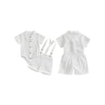 thumbnail image 2 of BemeyourBBs Baby Boy Formal Gentleman Wedding Outfit Christening Baptism Outfits Cotton Linen Summer Dress Clothes Short Sleeve Button Down Lapel Bowtie Bodysuit Shirts Suspender Shorts Set, 2 of 9