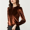 thumbnail image 6 of Women's Long Sleeve Velvet Shirts Soft Crew Neck Dressy Casual Blouses with Ruffled Detailing Solid Color Tops (L, Coffee), 6 of 7
