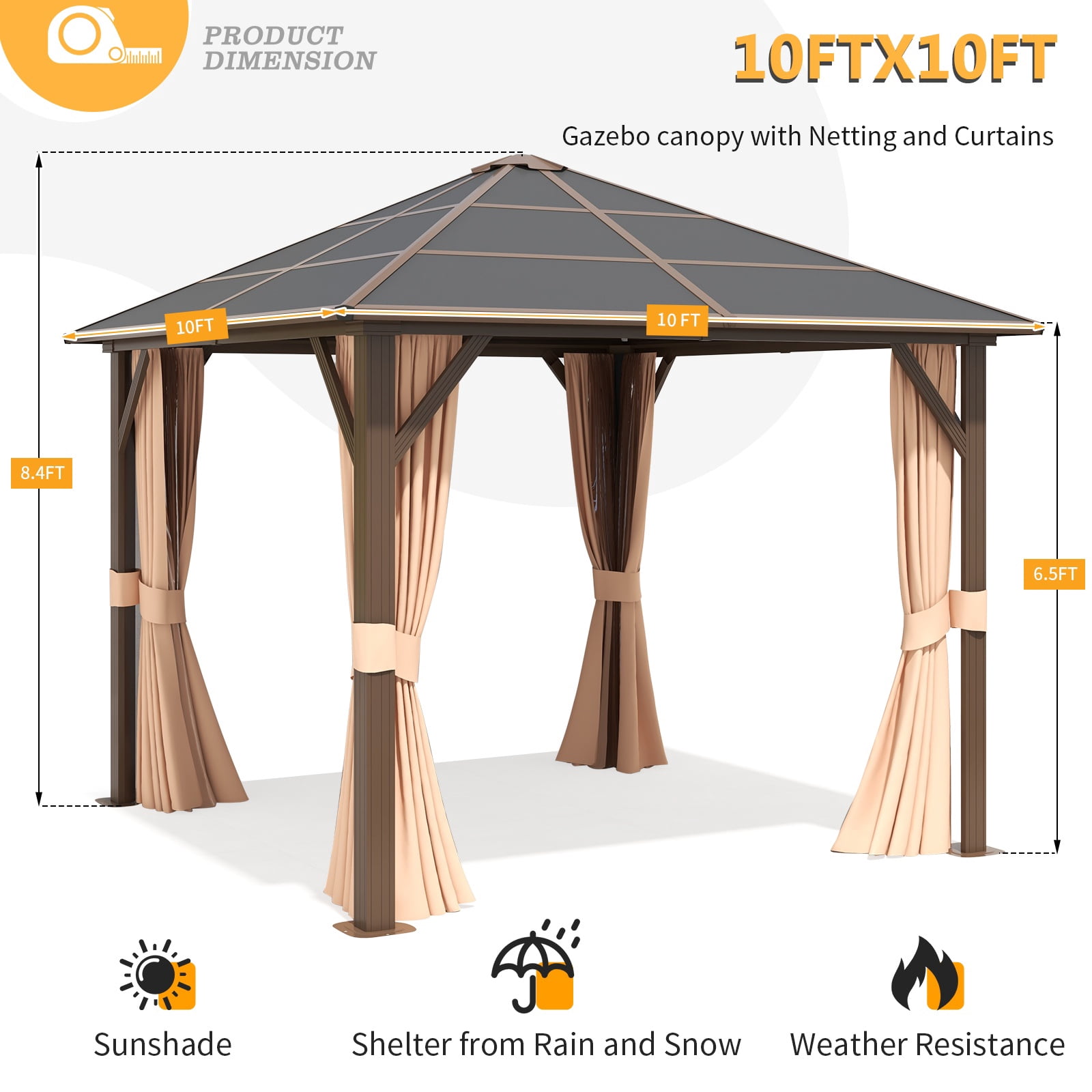 JolyDale 10 ft. x 10 ft. Patio Hardtop Gazebo, Outdoor Aluminum Frame Canopy with Netting and Curtain for Garden, Patio, Lawns, Brown