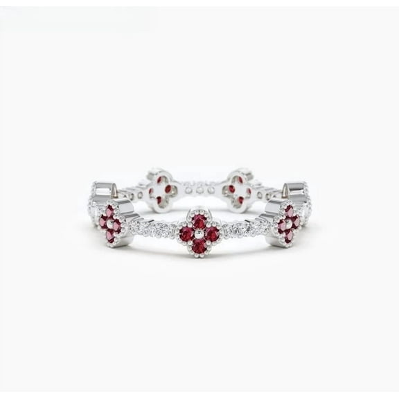 Round Cut Lab-Created Ruby & Moissanite, Full Eternity Clover Pave Wedding Band Ring – 925 Sterling Silver, Pave Set for Women, Anniversary & Engagement Jewelry
