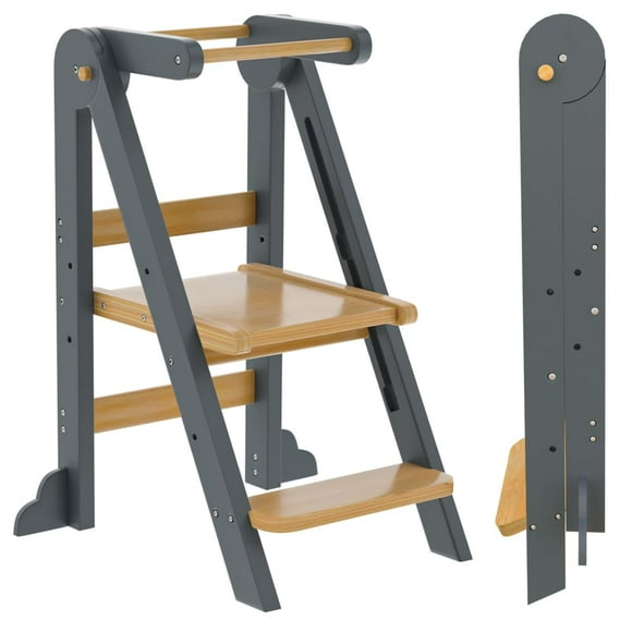 Toddler Tower, Foldable Step Stool for Toddlers, Toddler Kitchen Stool Helper with 3 Adjustable Height Safty Rail and Anti-Tip Structure, Learning Tower for Toddlers Kids Baby