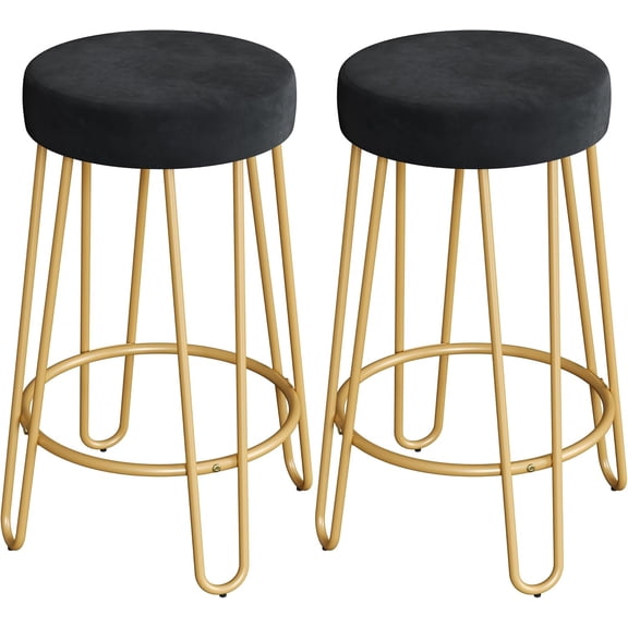 WoofPaw Bar Stools Set of 2, Velvet Counter Stools Gold Metal Legs, Counter Height Bar Stools with Foam Seats Metal Frame and Footrests 300 lb Each Backless Barstools for Kitchen Dining Room
,Black