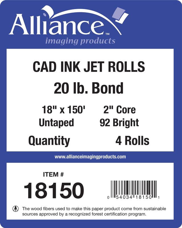 Alliance Wide Format Paper 18" x 150' CAD Bond 20lb | 92 Bright | 4 Rolls | 2" Core