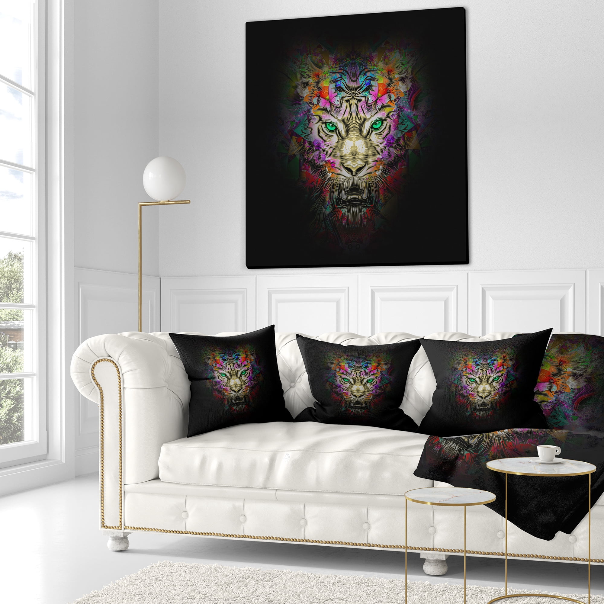 Designart Fierce Tiger Head on Black - Animal Throw Pillow - 18x18