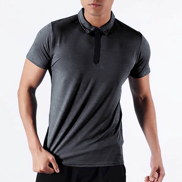 Blusa y camisa de manga corta con cuello vuelto para hombre, color liso, informal, elástica, con cremallera, deportiva, de manga corta, con cuello vuelto, para hombre, tops de poliéster