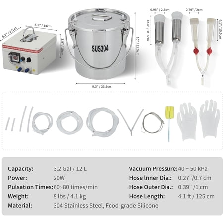 Acekid 12L Goat Electric Milking Machine, Portable Automatic Breast Pump with 2 Teat Cups & Stainless Steel Bucket
