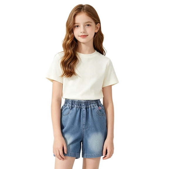 Girls Embroidered Denim Bermuda Shorts, Kids Elastic Waist Loose Fit Summer Casual Five Pocket Jean Shorts(Blue2,11-12 Years)