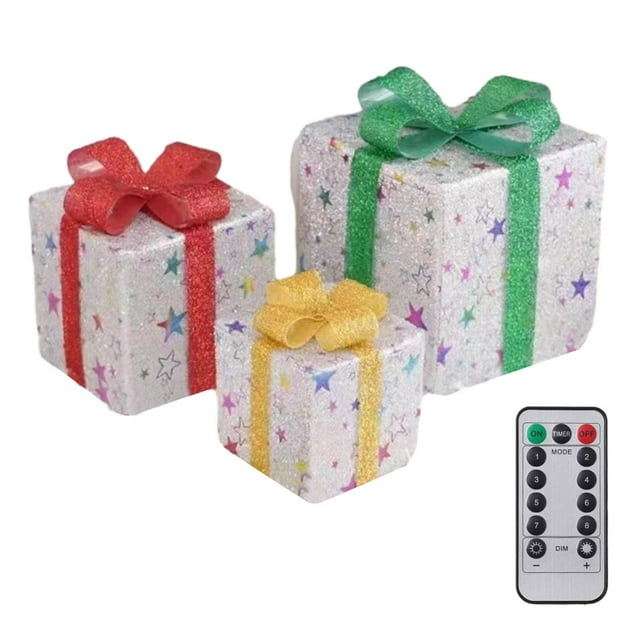 3x Cajas de Regalo Iluminadas de Navidad, Juego de Cajas de Navidad LED, Cajas de Regalo de Decoración Brillante de Navidad, para Decoración de Plata