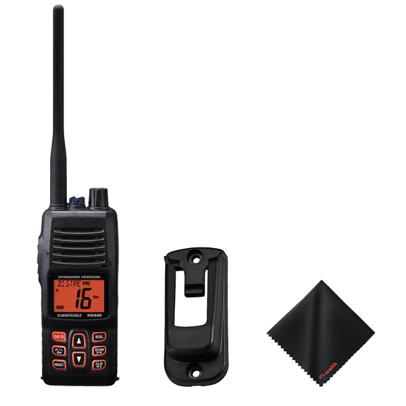 Standard Horizon HX400IS 5W Intrinsically Safe Handheld VHF Transceiver with LMR Channels - Noise-Cancellation & Precision Display Marine Radio with Hangar Bracket, Premium Cleaning Cloth - Bundle