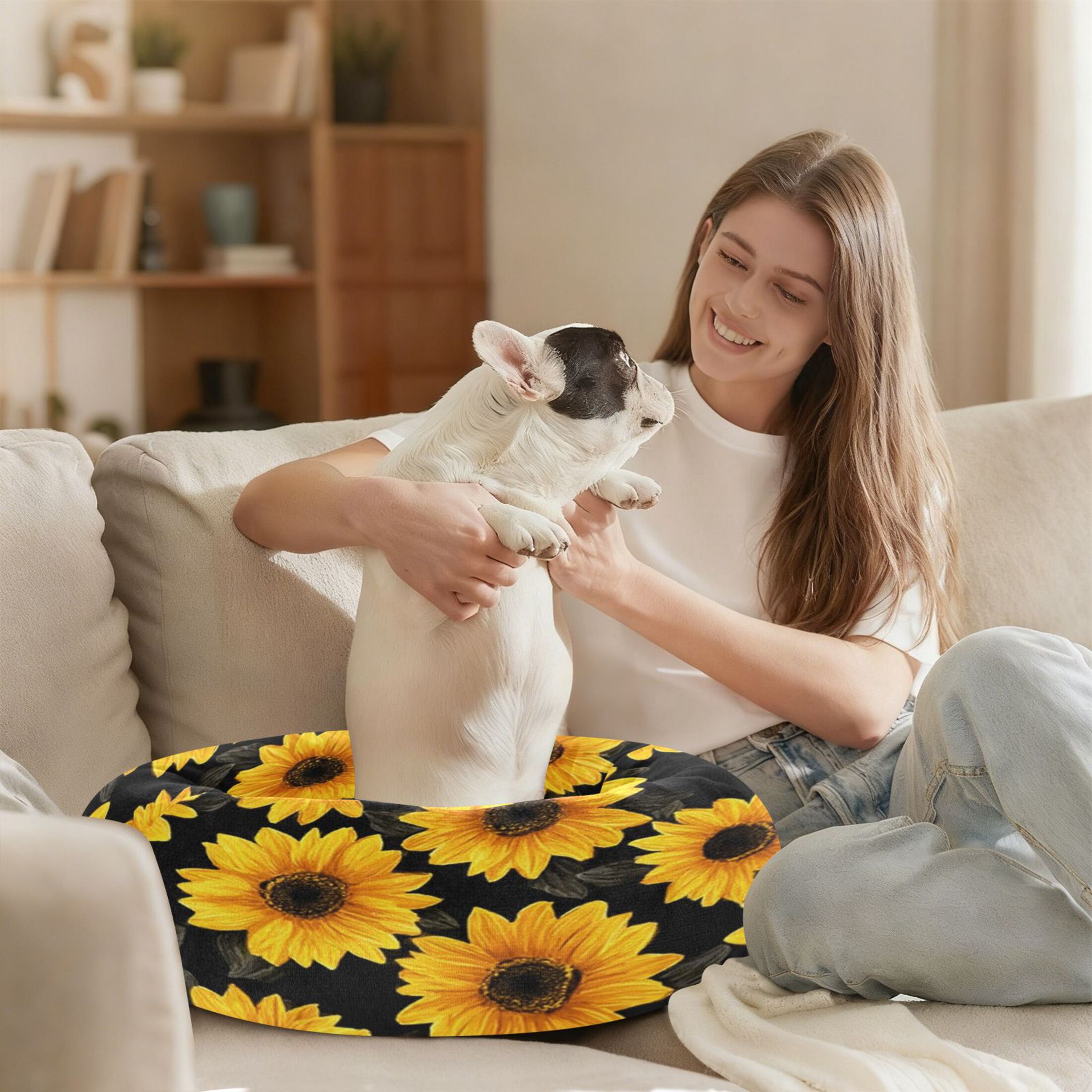 Iauyy Pet Couch Donut Cat Bed for Indoor Cats/Small Dogs Washable & Machine with Non-slip Bottom Calming Cat Furniture, Sunflower (M)
