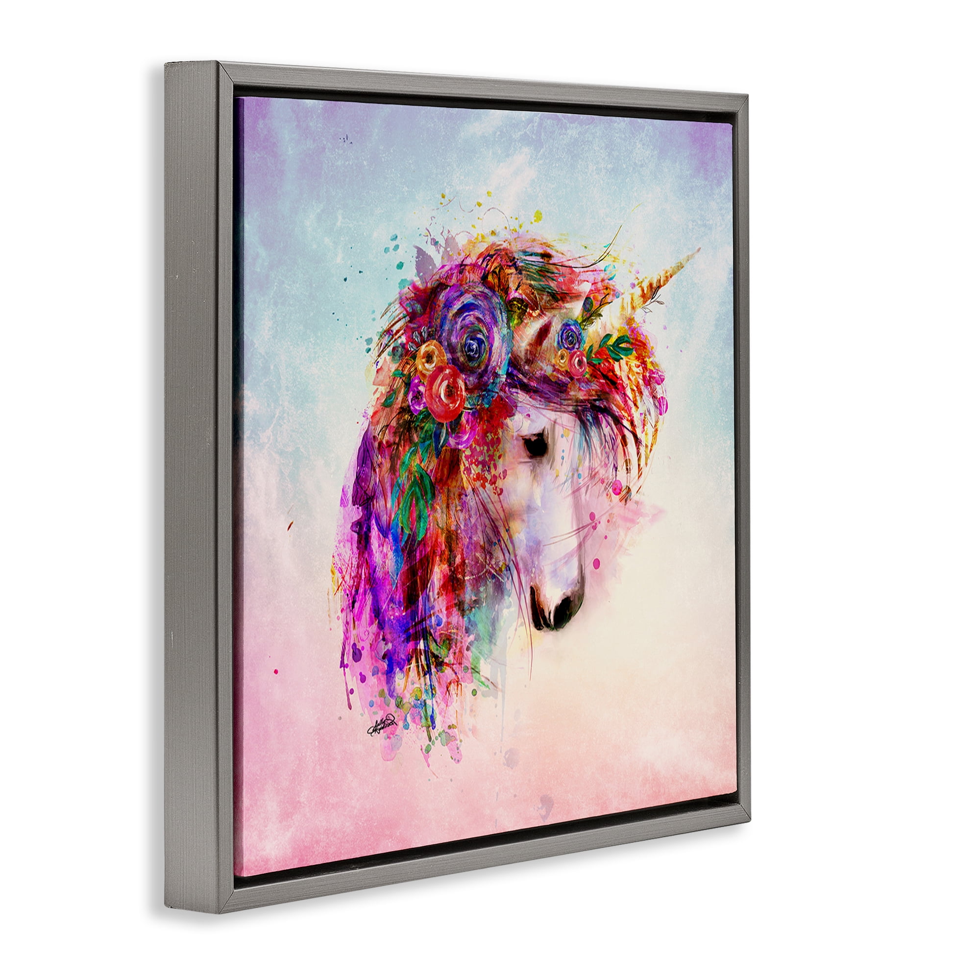 Stupell Industries Abstract Unicorn with Florals Fantasy & Sci-Fi Painting Gray Floater Framed Canvas Art Print Wall Art, 18 x 18