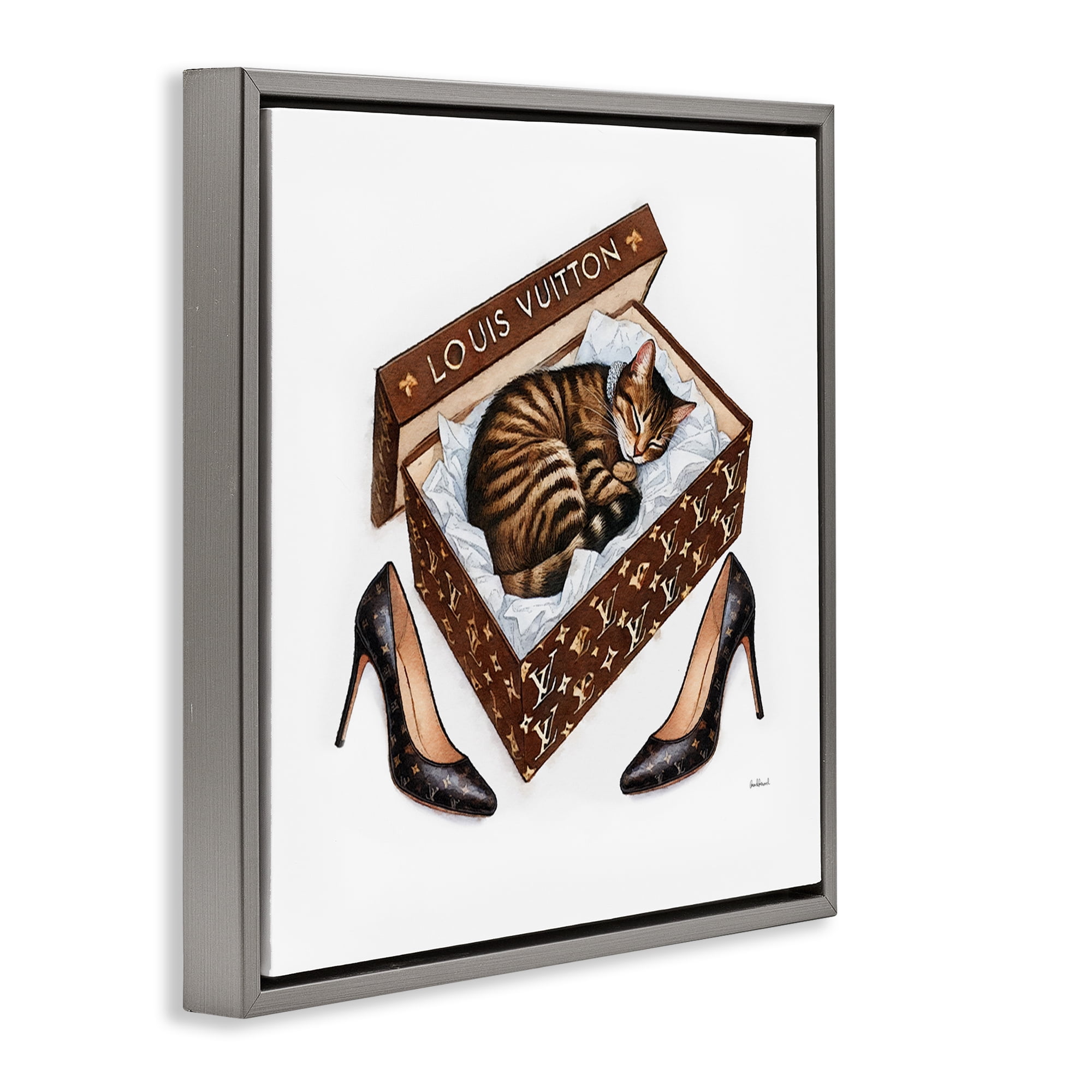 Stupell Industries Sleeping Cat in Shoebox Animals Painting Gray Floater Framed Canvas Art Print Wall Art, 18 x 18