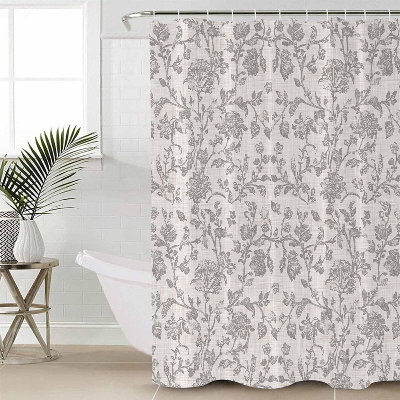 Small Stall Shower Curtain 48x72 Inch Narrow Half Size Farmhouse Flower Bath Curtains Bathroom Decor Botanical Vintage Grey Leaf Plant Waterproof Fabric Shower Curtain Set with Hooks 48 Inch