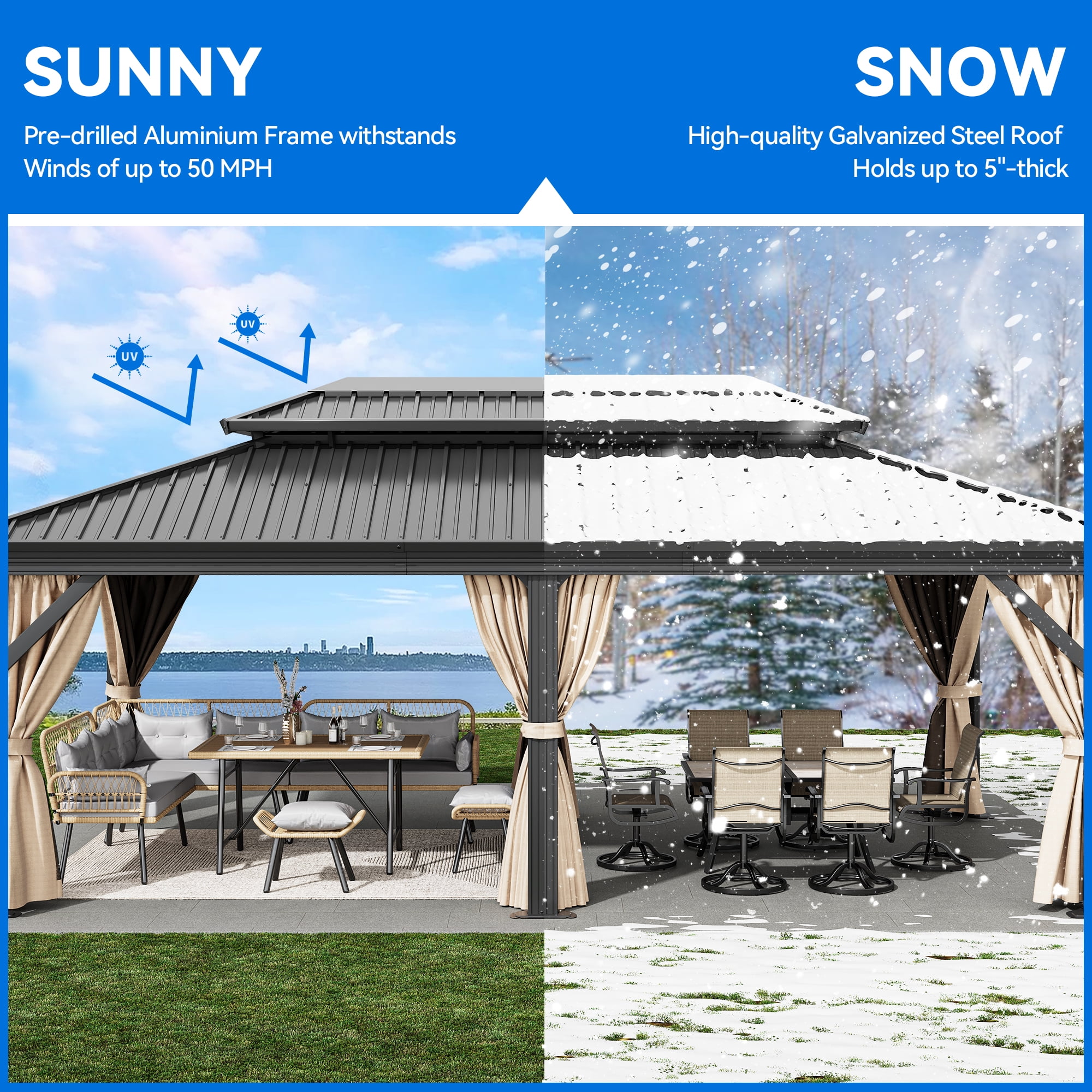 Dextrus 12ft x20ft Double Roof Hardtop Gazebo with Netting&Curtains, Outdoor Aluminum Gazebo with Heavy Duty Galvanized Steel,Ideal for Patio Lawn and Garden,Brown Curtain