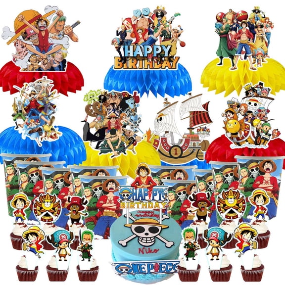 One Piece Party Supplies Decor Cups Fans Decorations Honeycomb Centerpieces Cake Toppers