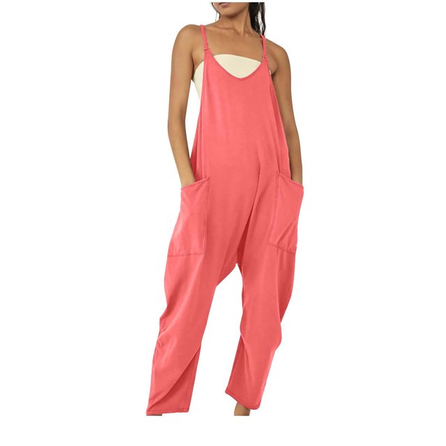 Womens Rompers for Summer Basic Pure Color Romper with Pockets Casual Loose Harem Jumpsuits Soft Lightweight Overalls V Neck Bib Overall