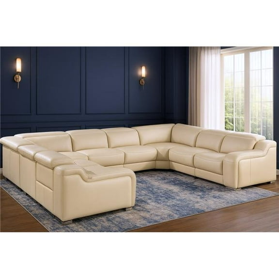 HomeRoots 632575 39 x 161 x 85 in. Beige Italian Leather Power Reclining U Shaped Corner Sectional with Console - 8 Piece