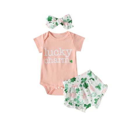 

Frobukio St. Patrick s Day Newborn Baby Girls Shorts Set Short Sleeve Letters Print Romper Clover Print Shorts Hairband Pink 6-12 Months