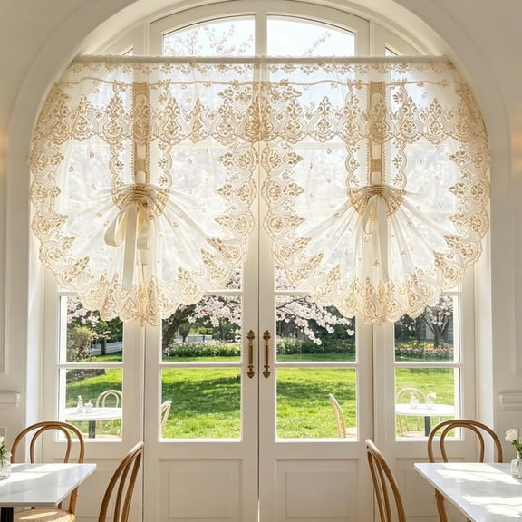 Lace Balloon Curtain 2-PCs – Beige Floral Embroidered Tier Valance for Kitchen Door