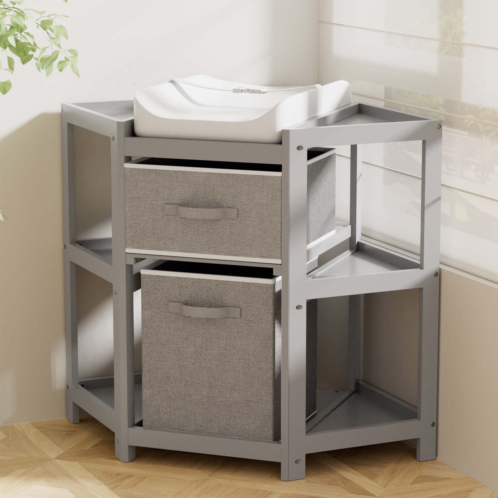 KORIMEFA Children Changing Table with Pad, Corner Diaper Changing Table with Laundry Hamper, Storage Bin, Contoured Pad for Baby - Gray