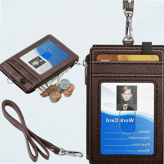 Badge Holder with Zipper, PU Leather ID Badge Card Holder Wallet with 5 Card Slots, 1 Side RFID Blocking Pocket and 20 inch Neck Lanyard Strap for Offices ID, School ID, Driver Licence (Brown)