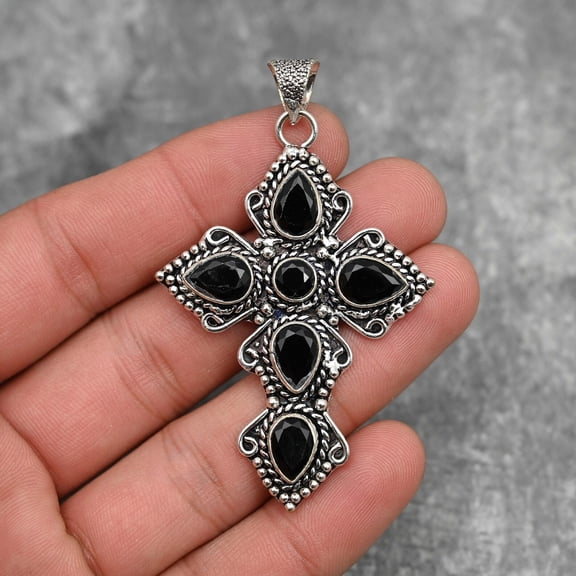 Black Onyx Pendant 925 Sterling Silver Polished Pendant Necklace Black Onyx Gemstone Pendant Necklace Cross Pendant Black Onyx Jewelry Gift For Her