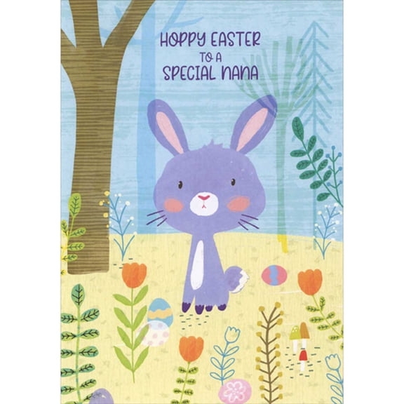 Designer Greetings Hoppy Easter: Purple Bunny in Flowery Wooded Field Juvenile Easter Card for Nana